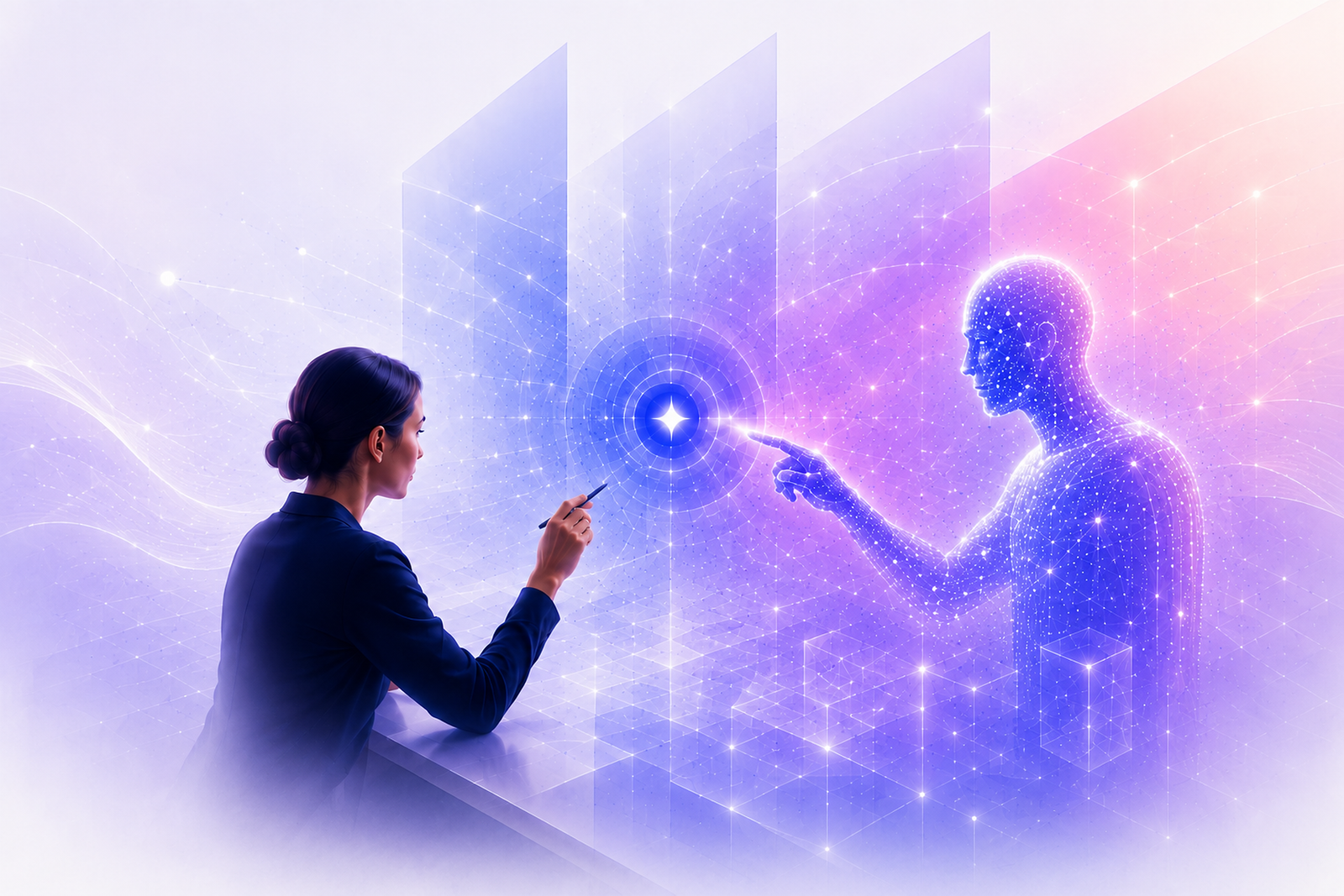 A human collaborating with an intelligent agent across a luminous digital interface