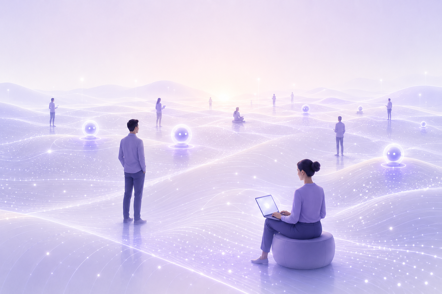 People and intelligent agents connected across a luminous enterprise landscape
